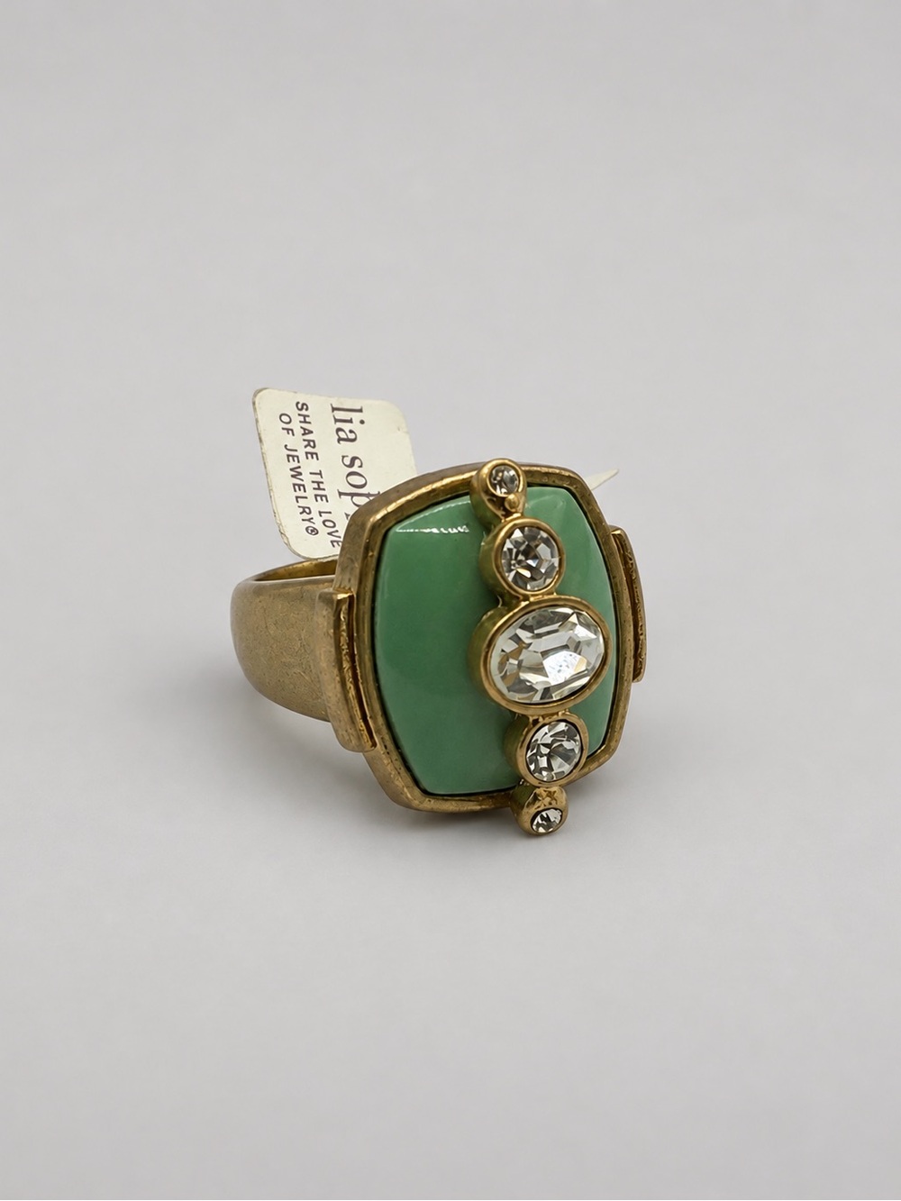 Lia Sophia Gold-Tone Green Enamel & Crystal Statement Ring Size 7 w/tags